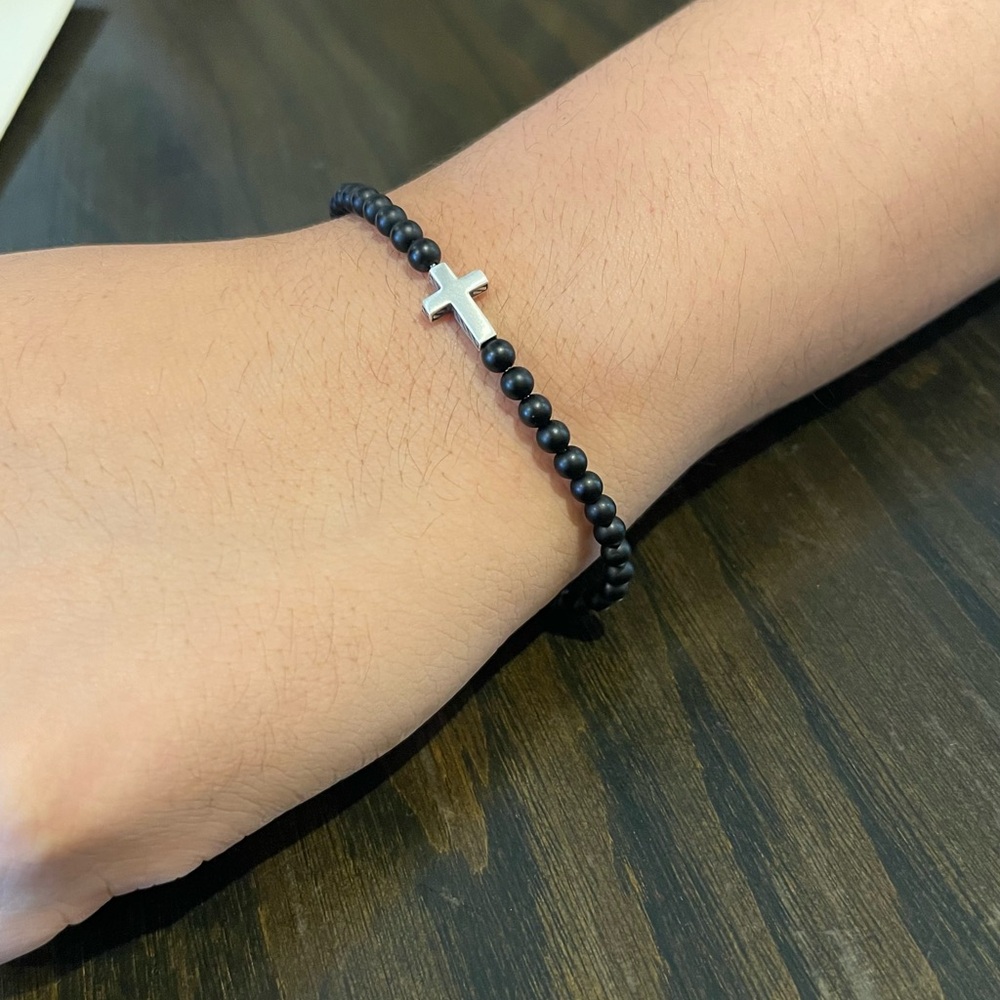 David Yurman black ónix spiritual beads silver cross station bracelet, 4mm. - Picture 5 of 5